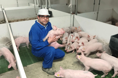 Un trabajador de Juan Ramón Sastre posa en su explotación porcina de Caleruega.