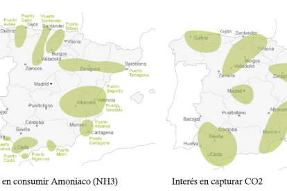 El mapa de consumo de amoniaco y CO2 que maneja Enagas resalta el potencial de Burgos y Valladolid.