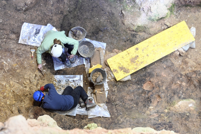 Trabajos de limpieza y adecuación de la superficie de excavación en Sima del Elefante, uno de los yacimientos más antiguos de  Atapuerca.