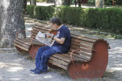 Un lector con Correo de Burgos en las manos, leyendo a la sombra.