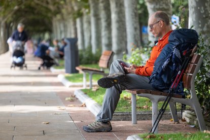 Un turista consulta su teléfono en el Paseo del Espolón.