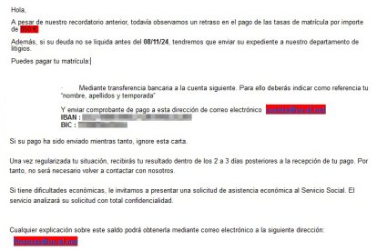 Correo electrónico fraudulento a una cuenta de Educacyl para exigir pagos de matrículas.