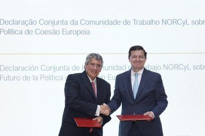 El presidente de la Junta, Alfonso Fernández Mañueco, preside la V Sesión Plenaria de la Comunidad de Trabajo Castilla y León-Norte de Portugal junto al presidente de la CCRD Norte Antonio Cunha.