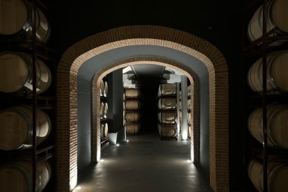 Sala de barricas de una bodega de Ribera del Duero