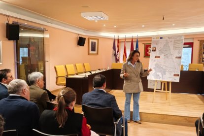 La consejera de Agricultura, Ganadería y Desarrollo Rural, María González Corral, en Valencia de Don Juan (León), donde ha presentado el resultado final del proceso de concentración parcelaria de la zona de Los Oteros.