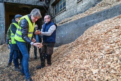 El secretario general del PSOECyL y candidato a la Presidencia de la Junta, Carlos Martínez, visita la empresa de explotación forestal Triturados Montero, en Quintanar de la Sierra.