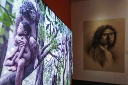 Ilustración de un grupo de homínidos. Al fondo, mirando al visitante, una de las primeras versiones de Homo antecessor realizada por Mauricio Antón.