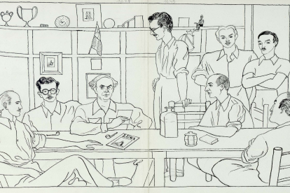 Grupo de escritores, ilustradores exiliados en la Embajada de Chile en Madrid, que publicaron la revista Luna durante su encierro dibujados por Eduardo Ontañón.