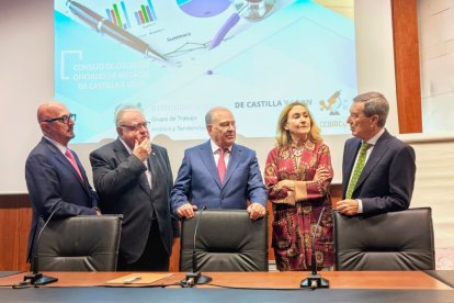 El consejero de Sanidad y Bienestar Social, Alejandro Vázquez Ramos (centro izquierda), en el Colegio de Médicos de León.