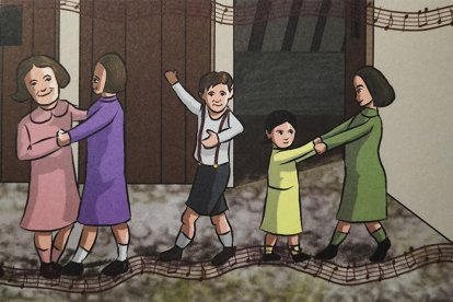 Las niñas y niños de Bañuelos bailan al son del gramófono. BLUME