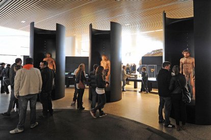 Visitantes en el Museo de la Evolución en la zona de las reproducciones hiperrealistas de los homínidos más importantes de la evolución.