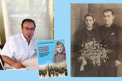 Luis Landa, autor del libro, junto a la portada y un retrato del matrimonio Martínez Calvo.