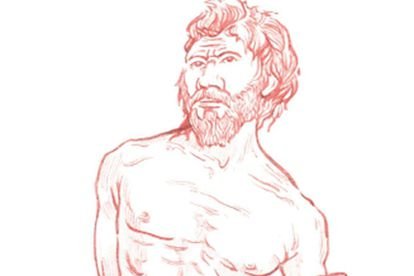 Recreación del 'abuelo de Atapuerca'. Dolores de espalda, artrosis, artritis, y diversas patologías se han detectado a través de sus vértebras y su pelvis. Elvis era mayor, unos 50 años, necesitaba bastón para moverse y contaba con el apoyo y los cuidados de su tribu. FERNANDO FUEYO