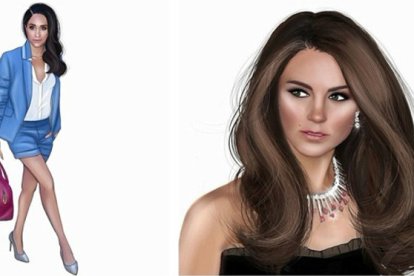 Diseños de los primeros avatares de Meghan Markle (izquierda) y la princesa Catalina