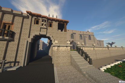 Reconstrucción con bloques de Minecraft del exterior de la iglesia de Villegas.