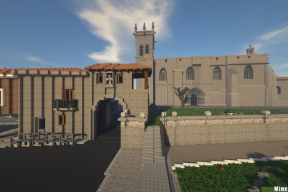 Reconstrucción con bloques de Minecraft del exterior de la iglesia de Villegas.