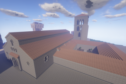 Reconstrucción con bloques de Minecraft del exterior de la versión románica de la Catedral.