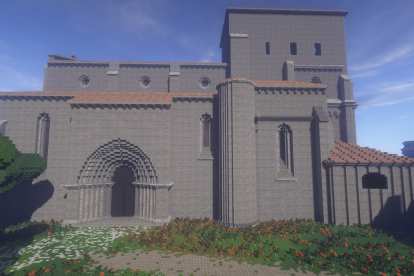 Reconstrucción con bloques de Minecraft del exterior de la iglesia de Villamorón.
