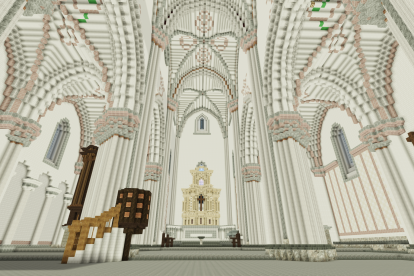 Reconstrucción en mundo Minecraft del interior de la iglesia de Villamorón.