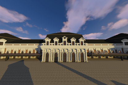 Reconstrucción en Minecraft de los exteriores de La Estación de la Ciencia y la Tecnología de Burgos.