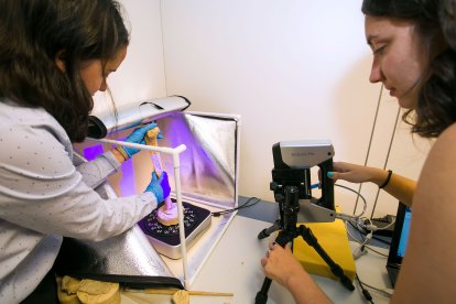 Miembros del equipo del Laboratorio de Evolución Humana realizan mediciones de fósiles. TOMÁS ALONSO