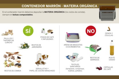 Ficha didáctica sobre los residuos orgánicos que sí pueden depositarse en el contenedor marrón.