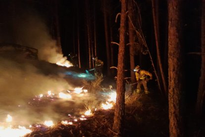 Brigadas trabajando junto a las llamas en una imagen de la Delegación del Gobierno de Castilla y León.