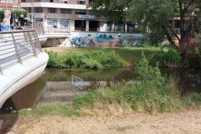 Vandalismo en el Arlanzón. Una valla en el cauce del río a la altura del puente de la Evolución. J. G. L.