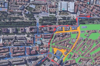 Reordenación del tráfico que implicaría el Plan de Peatonalización del PP. El tráfico viraría hacia una Avenida del Arlanzón de doble sentido.