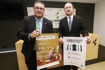 El director gerente de Fundación Caja Rural Burgos, Germán Martínez. El presidente del Orfeón Burgalés, Joaquín Delgado en la presentación de las dos propuestas culturales.