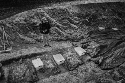 Paco Etxeberria, de Aranzadi, en la fosa abierta en La Pedraja en 2010.