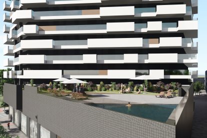 Recreación de la zona de piscina y solarium en la 'Torre Celofán', de Burgos.