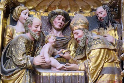 Escena de la Circuncisión de Jesús en el retablo mayor de Berzosa.