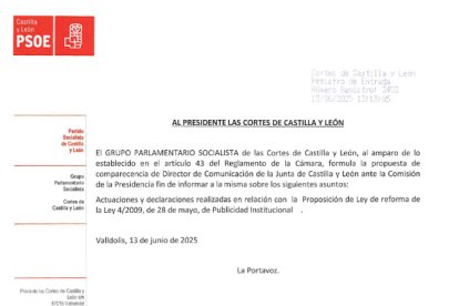 Petición del PSOE de petición de comparecencia, registrada a las 13.13 horas.