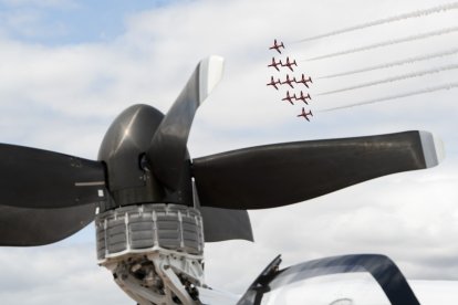 The Red Arrows perform about Vertical Aerospace's VX4 aircraft at the Royal International Air Tattoo, 18 July 2025.

Photo by Adam Gasson / Vertical Aerospace