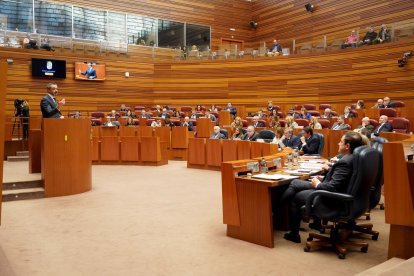 El portavoz del Grupo Parlamentario de Vox, David Hierro, durante el debate de totalidad del Proyecto de Ley de Presupuestos Generales de la Comunidad de Castilla y León para 2026.