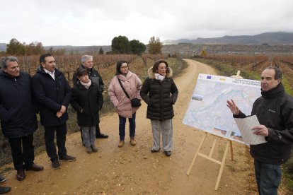 La consejera de Agricultura, Ganadería y Desarrollo Rural, María González Corral, durante su visita a las obras de la infraestructura rural de la concentración parcelaria de Castropodame (León)