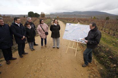 La consejera de Agricultura, Ganadería y Desarrollo Rural, María González Corral, durante su visita a las obras de la infraestructura rural de la concentración parcelaria de Castropodame (León)