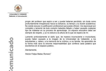 Segunda página del comunicado de la UVA.