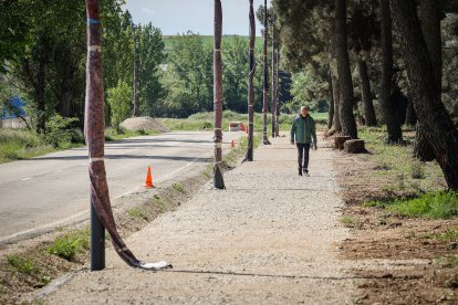 Un hombre pasea por la senda que ya está planteada y con la iluminación avanzada.