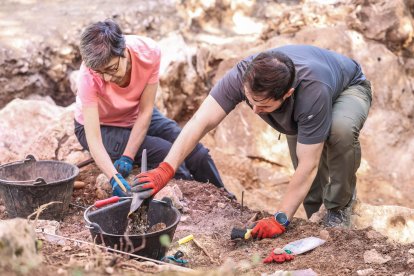 Equipo de unas 15 personas que trabajan en Estatuas que tiene dos zonas de excavacin en el exterior y dentro de la cueva.