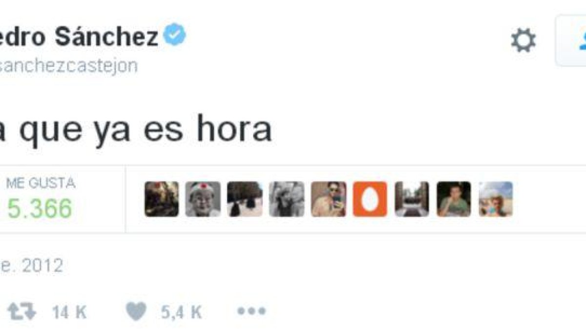 Tuit que Pedro Sánchez publicó en el 2012 y que algunos usuarios de la red social han recuperado este sábado tras su renuncia.-TWITTER