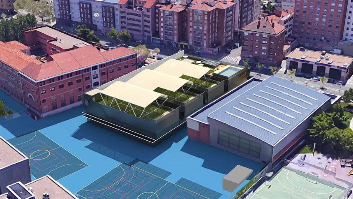 En primer plano la recreación de los nuevos campos de juego en el patio en la parte posterior del complejo, que estará entre el polideportivo y el colegio.-ECB