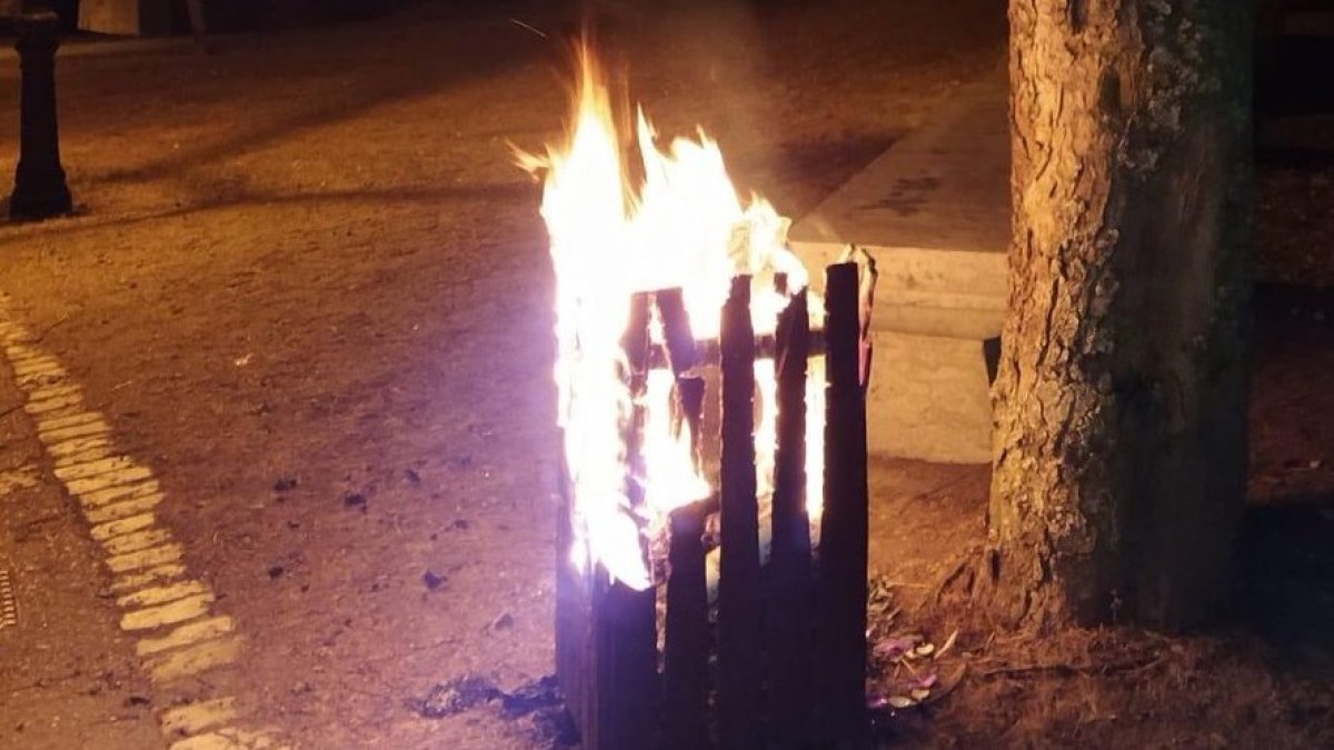 La papelera ardiendo al lado de uno de los árboles del Castillo. POLICÍA LOCAL