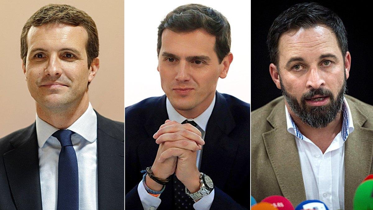 Pablo Casado (PP), Albert Rivera (Ciudadanos) y Santiago Abascal (Vox).-