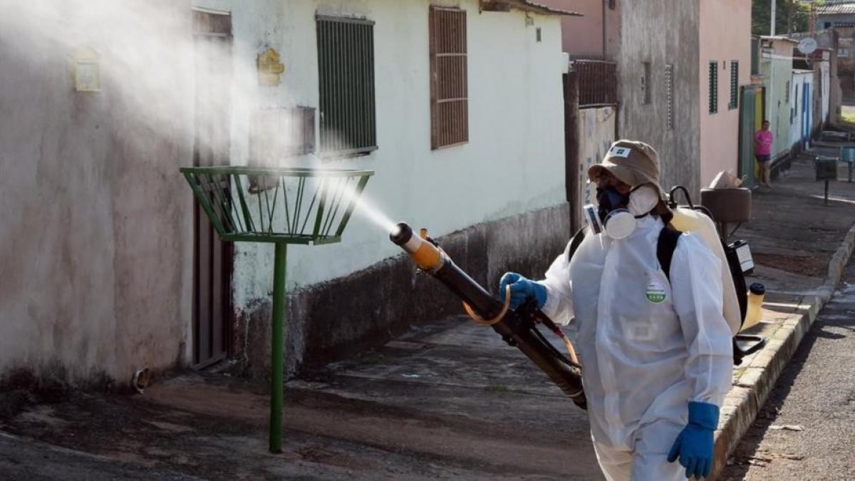 Un empleado fumiga contra el zika en Río.-