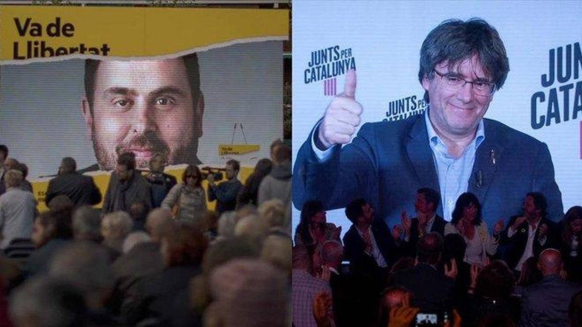 Oriol Junqueras y Carles Puigdemont, en mítines de campaña.-EL PERIÓDICO