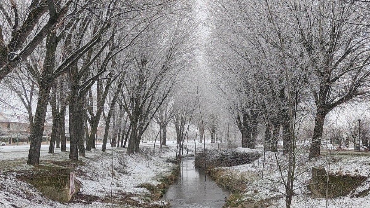 Tramo del río Vena de la capital burgalesa cubierto por la nieve y el hielo. ECB