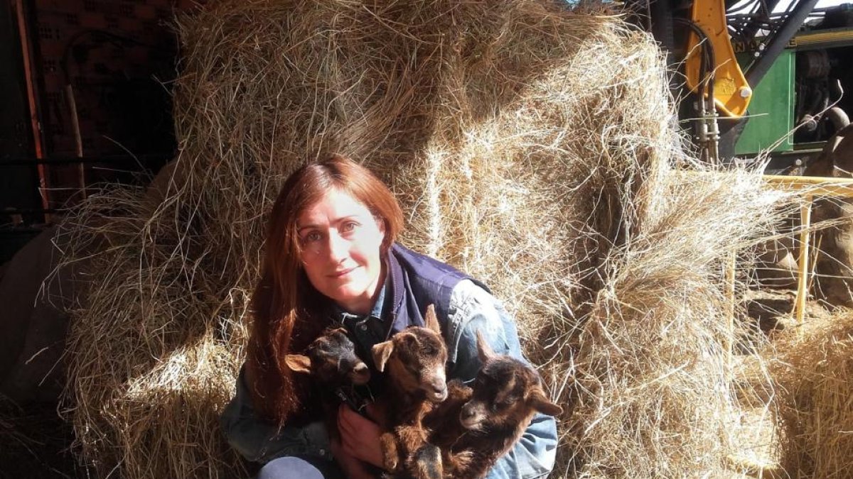 Eva con tres chivos recien nacidos en su explotación en la localidad leonesa de Santovenia del Campo, en plena época de parideras.-E. M.