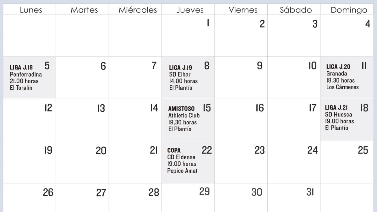 Calendario del Burgos CF en dicimebre. ECB